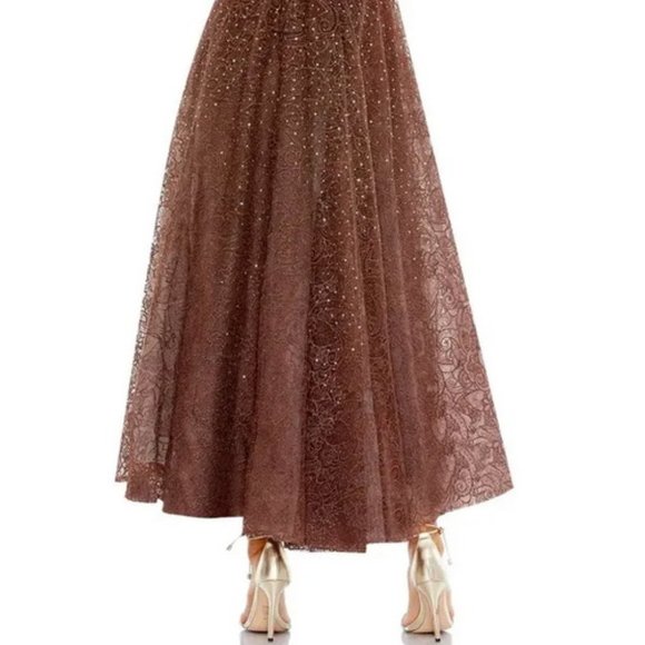 Mac Duggal Chocolate Brown Copper Beaded Floral Cap Sleeve Gown - Picture 4 of 5